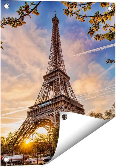 Gards Tuinposter Eiffeltoren in Parijs tijdens Zonsondergang - 40x50 cm - Tuindoek - Tuindecoratie - Wanddecoratie buiten - Tuinschilderij