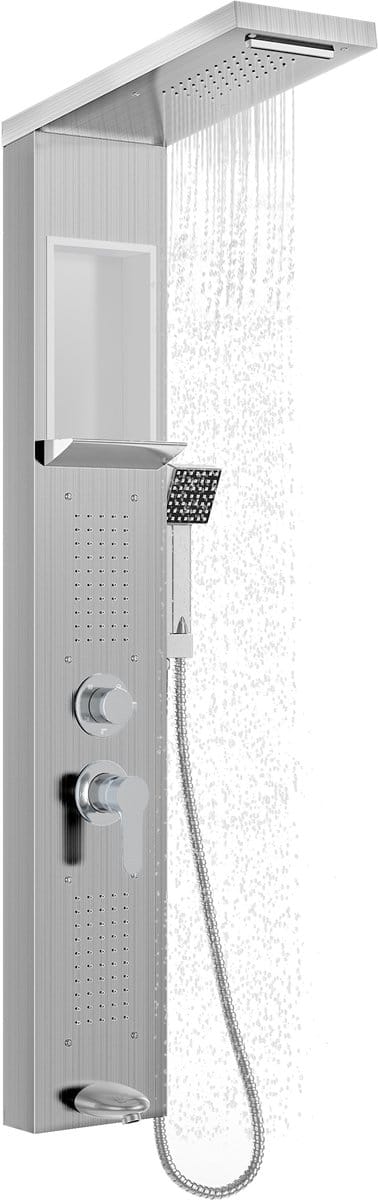 NAIZY Douchepaneel, douchesysteem, roestvrij staal, douchezuil, 5 functies, regendouche, watervaldouche, massagejets, badinloop, douchearmatuur, complete set, zilver