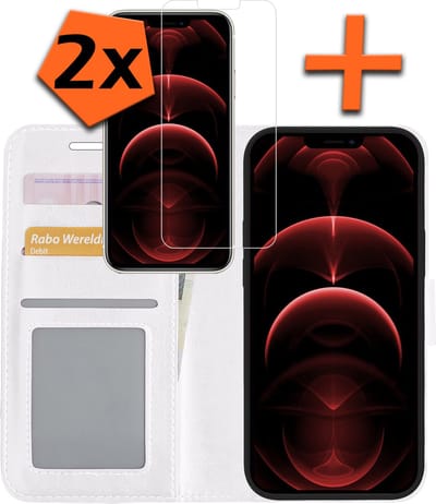 Hoes - Met 2x Screenprotector - Geschikt voor Apple iPhone 14 - Luxe Pasjeshouder - Bookcase Portemonee - Flip Case - Kunstleer Book Case - Flipcase Hoes - Book Cover - Walletcase - PortemonneeHoes - Wit