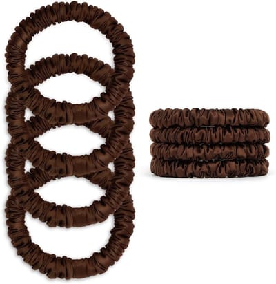 SnelShoppen - Silk Satin Scrunchy - 4 Stuks Mulberry Zijde Smalle Elastische Scrunchies Haaraccessoires - Ponytail Houders - Bruin - Beschadigt Geen H