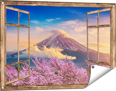Gards Tuinposter Doorkijk Fuji Berg met Roze Bloesembomen - Bloemen - 90x60 cm - Tuindoek - Tuindecoratie - Wanddecoratie buiten - Tuinschilderij