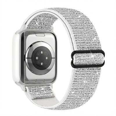 Zilverkleurig nylon Apple Watch bandje voor dames en heren – verstelbare elastische smartwatch band – geschikt voor Apple Watch 38 mm / 40 mm / 41 mm / 42 mm (serie 10 / 11) – lichtgewicht en comfortabel horloge band