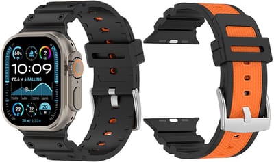 Stravo Siliconen Horlogebandje met Mechanisch Design – Geschikt voor Apple Watch 42mm (Series 1/2/3), 44mm (Series 4/5/6/SE), 45mm (Series 7/8/9), 46mm (Series 10/11) & 49mm (Ultra) – Tweekleurig Siliconen Bandje – Zwart / Oranje
