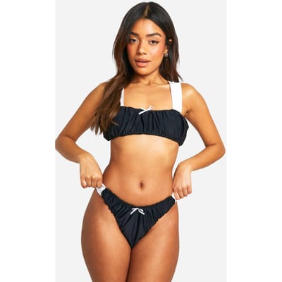 boohoo Dames Ruched Tanga Contrasterende Bikini Slip | Zwart | Maat: 34