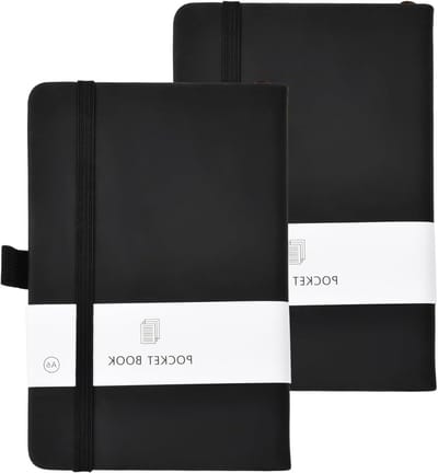 Set van 2 A6 Notitieboeken, Zwart, Gelijnd Notitieboek met 200 Zwarte Pagina's en Leren Kaft voor Creatieve Aantekeningen en Organisatie