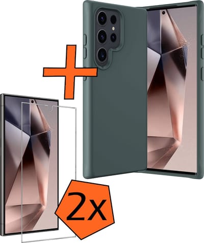 Hoes - Met 2x Screenprotector - Geschikt voor Samsung Galaxy S24 Ultra - Sterk & Shockproof - Back Cover - Siliconen Case - Telefoon Hoes - Donkergroen