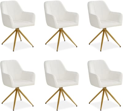 Homestyle4u Eetkamerstoelen van Linnen - 6 Stoelen - met armleuningen - draaibaar - Bouclé Beige en Gouden