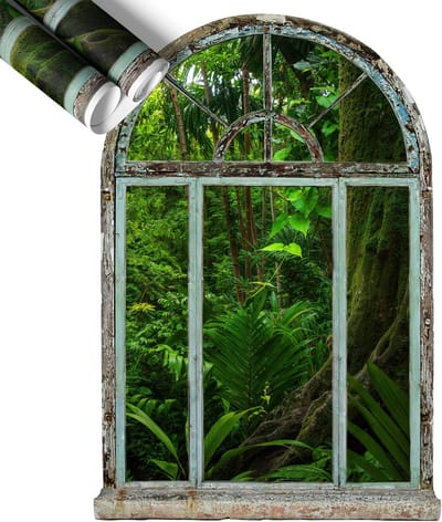 Wallfluent 3D Muursticker - Tropisch raam Muursticker Raam - 58x60 cm - Groente 3D Muursticker Raam - Muursticker 3D Uitzicht - Nep Raam Met Uitzicht - Muursticker Raam Uitzicht - Nep Raam Muursticker - Zelfklevend Vals Raam