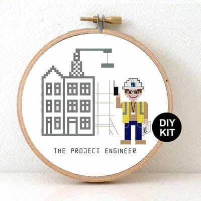 Project Ingenieur borduurpakket - Kado maken voor ingenieursburo - inclusief houten borduurring, DMC garen en Aida borduurstramien