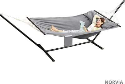 Norvia - Hangmat - Hangmat Zonder Standaard - Tweepersoons Hangmat - Draagvermogen 300 kg - 2 Kussens - 210 x 150 cm - Grijs/Zwart