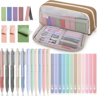 32-delige Schoolbenodigdheden Set met Bruine Pennenhouder, Pastel Marker, Kleurpennen en Notities voor een Aantrekkelijke Schoolervaring