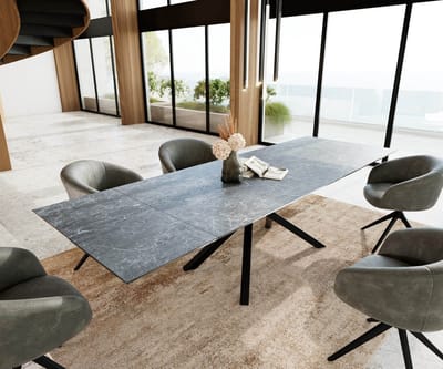 Eetkamertafel Edge keramiek Laminam®Nero Greco grijs 200-300x100 kruisframe rechthoek zwart uitschuifbaar