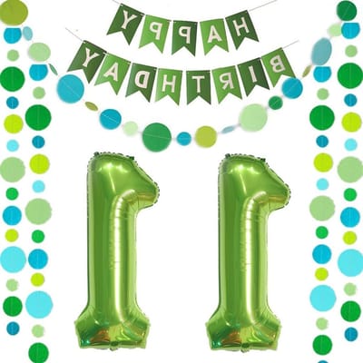 Groene Ballonnen + Happy Birthday Garland + Folieballon voor 11e Verjaardag – Feestdecoratie voor Jongens en Meisjes met Ballonnen en Banner