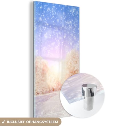 MuchoWow® Glasschilderij 20x40 cm - Schilderij acrylglas - Sneeuw - Zon - Winter - Foto op glas - Schilderijen