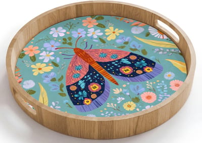 Dienblad rond 40x40 cm - Schootdienblad hout - Vlinder - Sierlijk - Bloemen - Bladeren - Borrelplank rechthoek - Plateau houten dienbladen
