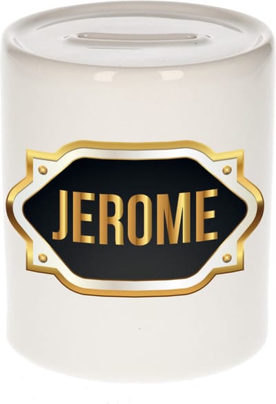 Spaarpot met voornaam Jerome - wit - met goud/zwart embleem - 8 x 9 cm - keramiek - met afsluitdop - cadeau verjaardag