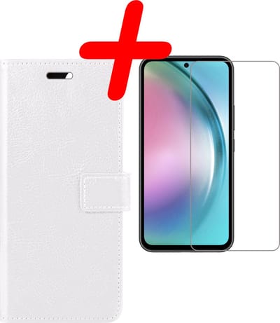 Hoesje Met Screenprotector - Geschikt voor Samsung Galaxy A54 - Luxe Pasjeshouder - Bookcase Portemonee - Flip Case - Kunstleer Book Case - Flipcase - Book Cover - Walletcase - Portemonneehoes - Wit
