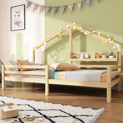 REDOM Kinderbed 90x200 cm – Houten Kinderbed met Veiligheidshek en Opbergruimte – Naturel