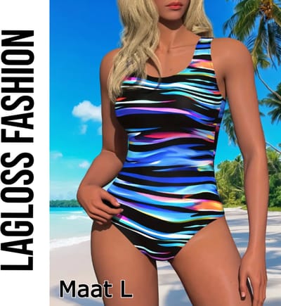 LaGloss® Badpak Abstract Design Multicolor – Eendelig Damesbadpak met Buikcontrole & Verstelbare Bandjes – Maat L