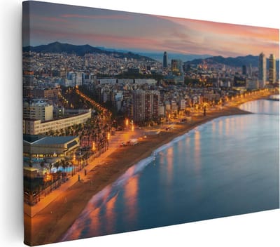 Artaza Canvas Schilderij Stad Aan Zee - 30x20 cm - Klein - Wanddecoratie Kust - Muurdecoratie Strand Barcelona - Kamer Accessoires Skyline