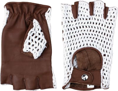 Vingerloze Leren Autohandschoenen - Gehaakt patroon - Crochet model - Leren handschoenen Heren - Wit met bruin - Unisex - Echt Leder - Maat XL