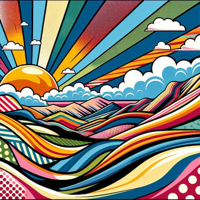 Pop art landschap schilderij | Bonte surrealistische collage van sprankelende pop art landschappen | Kunst - 100x100 centimeter op Canvas | Foto op Canvas