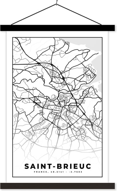 Posterhanger incl. Poster 40x60 cm - Schoolplaat - Stadskaart – Frankrijk – Kaart – Saint-Brieuc - Plattegrond - Zwart wit - Textielposter - Zwarte latten - Stadskaart