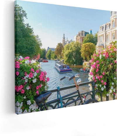 Artaza Canvas Schilderij Amsterdam - 100x80 cm - Groot - Wanddecoratie Grachten - Muurdecoratie Bloemen - Schilderijen Op Canvas Fiets