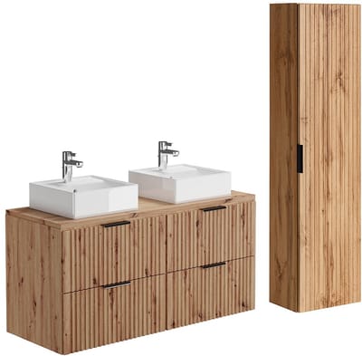 Vente-unique Licht naturel geribbeld badkamermeubel met opbouwwastafel en kolomkast - Licht naturel - 120 cm - ZEVARA