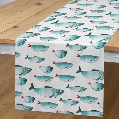 ABAKUHAUS tafelrunner turkoois/wit – rechthoekig, 40x180 cm, 100% polyester, met de hand genaaid