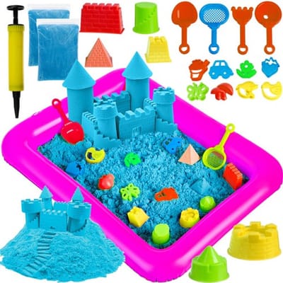 Playos® - Magisch Zand - 2 kg - Blauw - in Doos - Inclusief vormpjes - Inclusief Zwembadje - Speelzand - Sensorisch Speelgoed - Montessori Speelgoed
