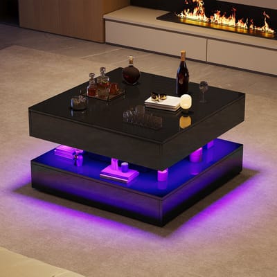 Vierkante salontafel wit met RGB LED-verlichting, bedienbaar via app en afstandsbediening, hoogglans salontafel