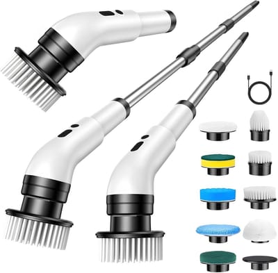 Elektrische Draadloze Schrobber - Waterdichte Badkamer Reiniger met 9 Verwisselbare Borstelkoppen - 3 Standen & Afneembare Handgreep voor Tegels, Keuken, Grill, Glas - IPX7 - Zwart - 1 Set