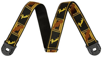 Fender Quick Grip Locking‑End Gitaarband – Black/Yellow/Brown – 2" Breed – Met Straplock‑Bevestiging – Meerkleurig