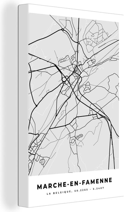 Canvas Schilderij Stadskaart – Plattegrond – België – Zwart Wit – Marche en Famenne – Kaart - 20x30 cm - Wanddecoratie