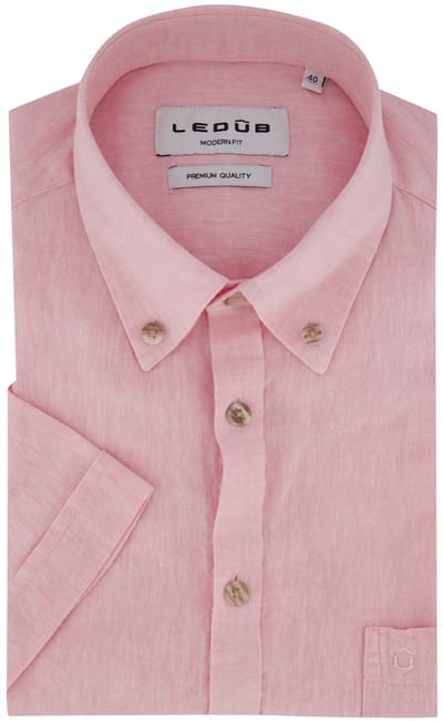 Roze gemêleerd Ledub overhemd korte mouw Modern Fit contrastknopen
