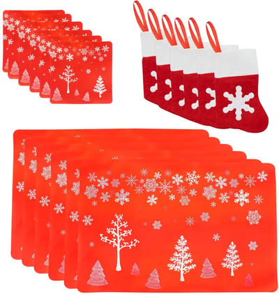 Dailygoods- Kerstdinerset 18-delig - Eetset - Placemat/onderzetter - Bestekhouder - Decoratie - Hittebestendig PVC - Kerstontwerp - Kerstservies