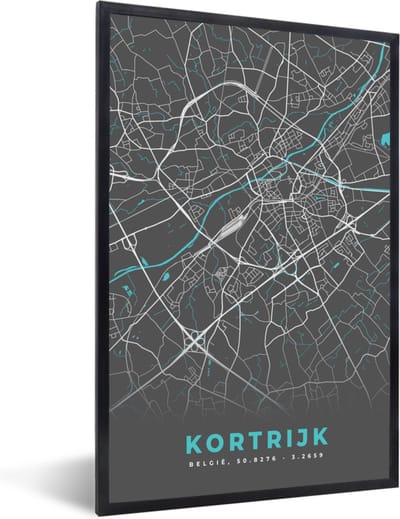 Fotolijst incl. Poster - Plattegrond – Kortrijk – Blauw – Stadskaart - Kaart - 40x60 cm - Posterlijst