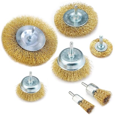 Draadborstel Boormachine Set - Verkoperde Staalborstels - Roest Verwijderen - 7 Delige Set - 6mm Schacht - Goud