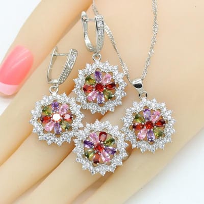 Ensembles de Bijoux Colorés pour Femmes Pierres Bleu Foncé Collier Pendentif Bracelets Boucles d'Oreilles Bagues Cadeau d'Anniversaire 7 gray