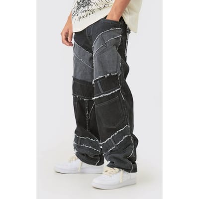 Baggy Rigid Patchwork Tailleband Detail Jeans in Zwart | Washed Black | Size 28R