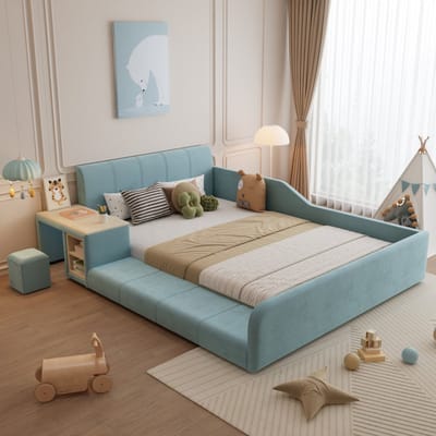 Sweiko Kinderbed - 140 x 200 cm - met Bureau + Stoel - Opbergrek - Velvet - Blauw