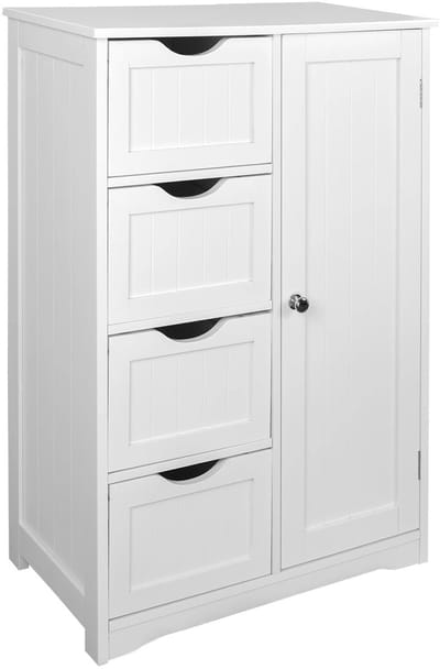 NaevaMi Badkamerkast - Badkamermeubel - Badkamerkasten Hoog - Kolomkasten - Badkamerkastje - Ladekast - Handdoekenkast - Opbergkasten met deuren - Duurzaam en Solide - 4 Laden en Kastje - 56x30x81cm - Wit