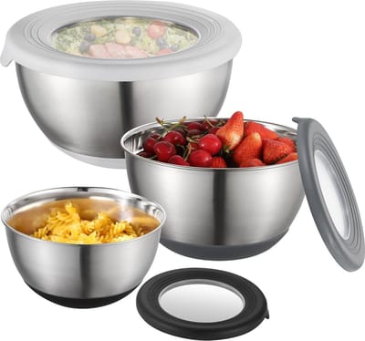 Mengkom met deksels - Set van 3 - Roestvrij staal - Metalen nestkom - Luchtdichte deksels - Bakken - Koken - Voedselbereiding - Opslag - Vaatwasmachinebestendig - 125 l/2 l/3 l