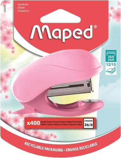 Mini nietmachine pastelroze met 400 nietjes - Gerecycled materiaal - Ergonomisch ontwerp - Geschikt voor 24/6 en 26/6 nietjes