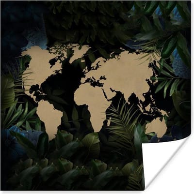 Poster 30x30 cm - Wereldkaart - Planten - Tropisch - Posters - Kamer decoratie - Wanddecoratie woonkamer - Muurdecoratie slaapkamer