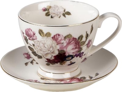 Clayre & Eef Kop en Schotel 200 ml Wit Porselein Bloemen