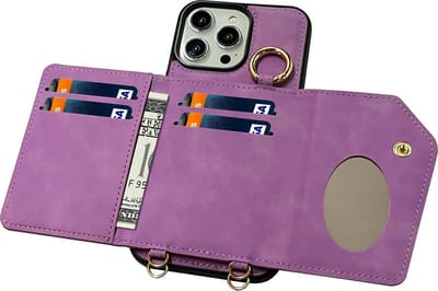 CaseMania Backcase hoesje geschikt voor iPhone 15 Pro - Effen Paars - Kunstleer - met Nekkoord, Pashouder en Spiegeltje