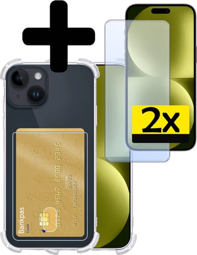 Hoesje - Geschikt voor Apple iPhone 15 - Met 2x Screenprotector - Pashouder - Kaarthouder - Telefoon Hoes Shockproof - Siliconen Case - Back Cover - Shock Proof - Pasjes Houder - Telefoonhoesjes - Transparant