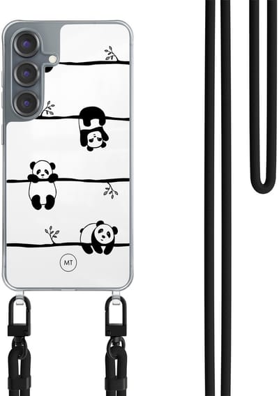 Hoesje met koord geschikt voor Samsung Galaxy S25 - Panda - Inclusief Zwart koord - Crossbody beschermhoes - Transparant, Zwart, Wit - Mooie Telefoonhoesjes